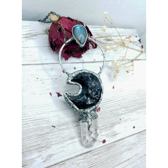 Labadorite and Obsidian Crystal Moon and kunzite crystal statement necklace - Picture 1 of 12